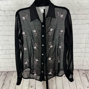 J. Marco Black Sheer Embroidered Flowers Button Down Blouse Size Large